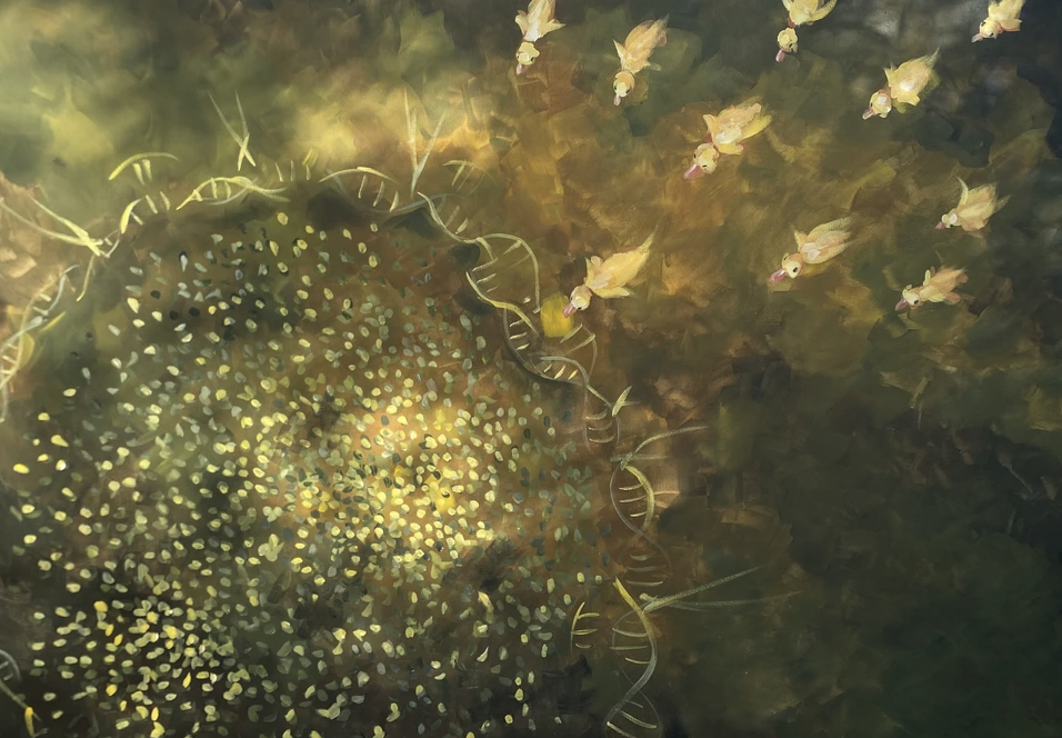 Two women sitting at a modern table talking with a city view behind them.